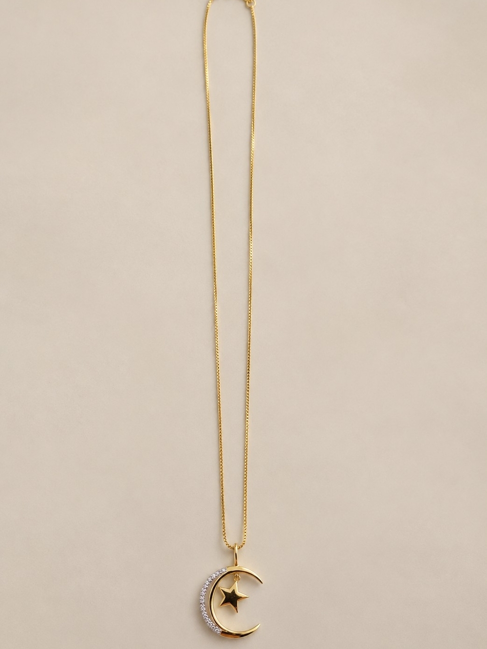 18" Gold Over 925 Moon & Star With Real Diamonds Necklace